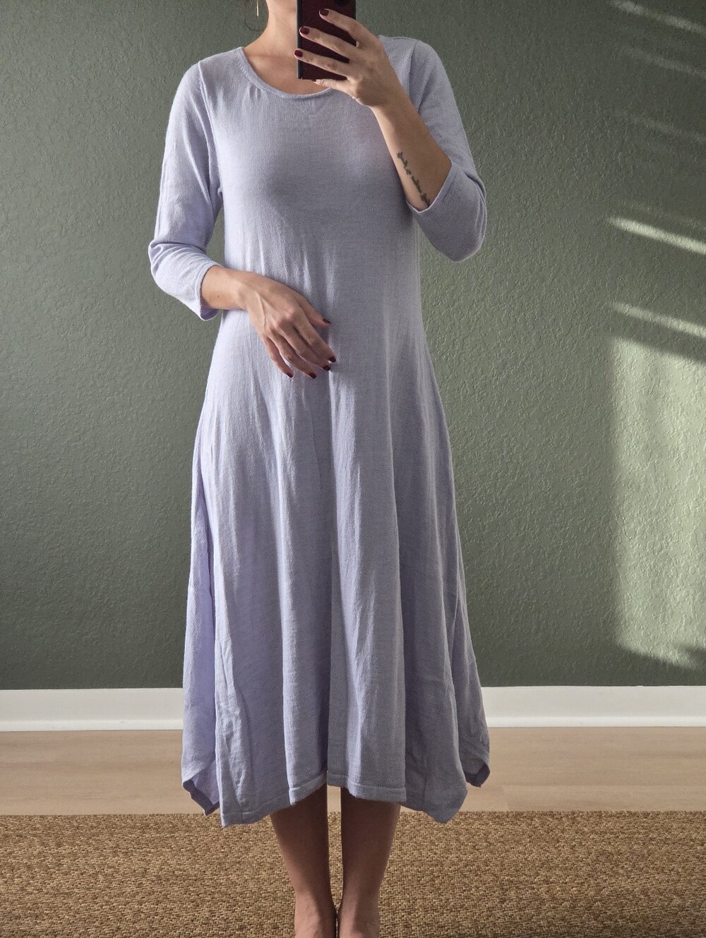 Eileen Fisher Wool Midi Long Sleeve Dress, Medium, Light Blue, Asymmetric Midi